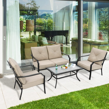 Ensemble de 4 meubles de jardin, salon de jardin avec coussins et cadre en acier