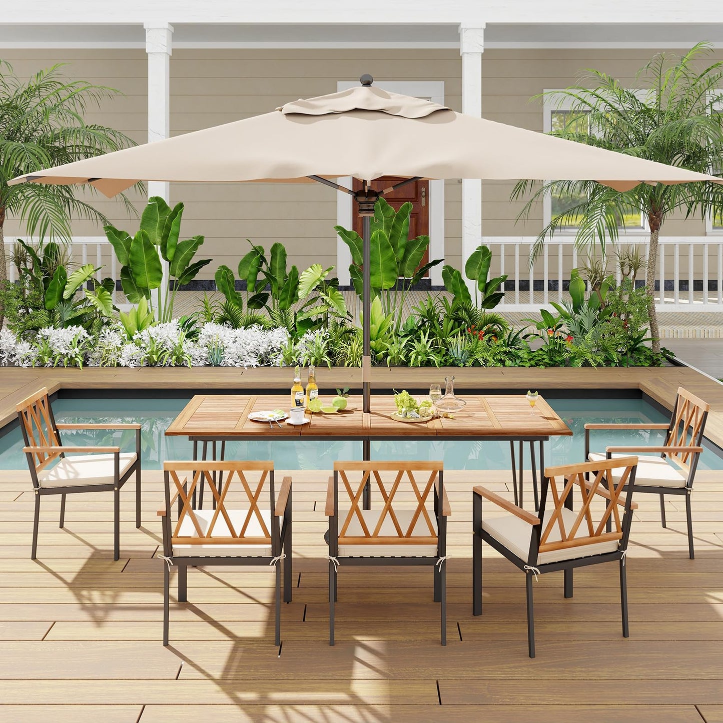 Tangkula 86.5-Inch Patio Dining Table, Indoor & Outdoor Dining Table w/Umbrella Hole for Patio Yard Deck, for 8 People