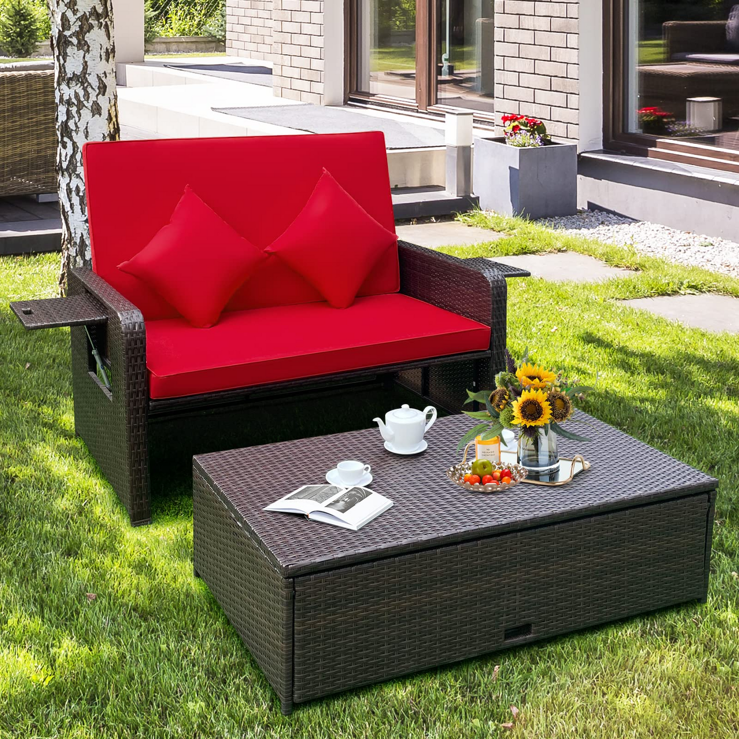 Tangkula Patio Rattan Daybed, Patiojoy Wicker Loveseat Sofa with 4-Postion Adjustable Backrest, Storage Ottoman, Cushions