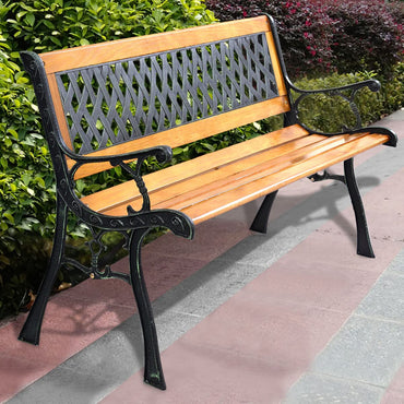 Tangkula Outdoor Garden Bench Park Bench, Patio Bench Chair with Cast Iron & Hardwood Structure