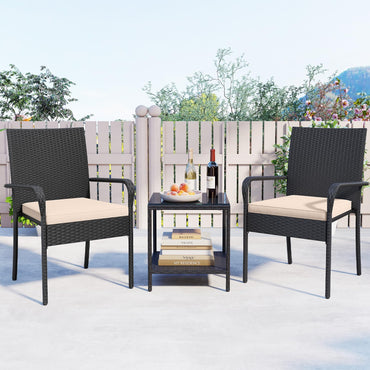 Tangkula 3 Pieces Patio Furniture Set with 2 Tier Tempered Glass Tabletop Table