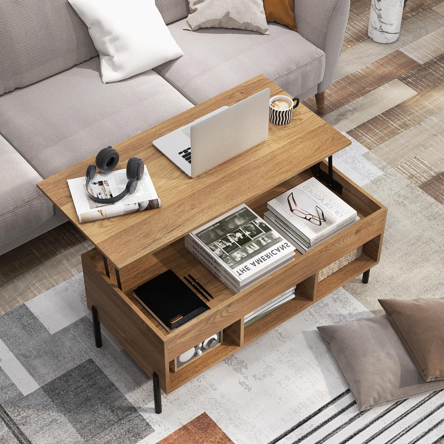 Tangkula Lift Top Coffee Table with Metal Legs, Rising Center Table w/Hidden Compartment & 3 Open Cubbies