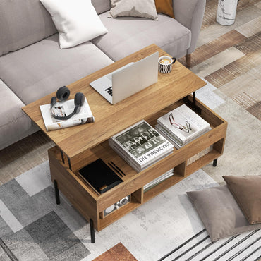 Tangkula Lift Top Coffee Table with Metal Legs, Rising Center Table w/Hidden Compartment & 3 Open Cubbies