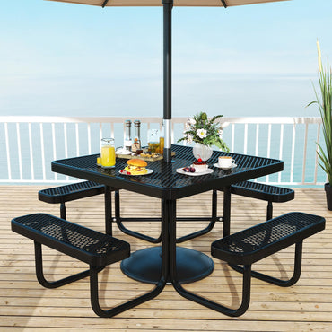 Table de pique-nique Tangkula 8 personnes, table de pique-nique d'extérieur carrée de qualité commerciale avec 4 bancs intégrés