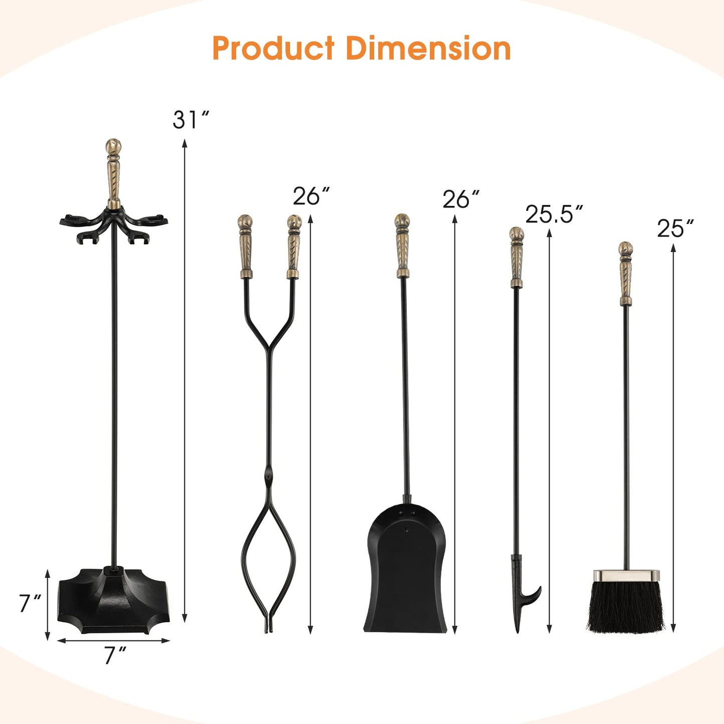Tangkula 5-Piece Fireplace Tool Set, Heavy Duty Fire Wood Tool Set with Tong, Brush, Shovel, Poker, Stand