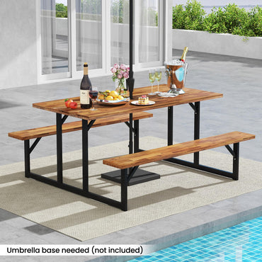 Tangkula 6 Person Acacia Wood Picnic Table with 2 Built in Benches