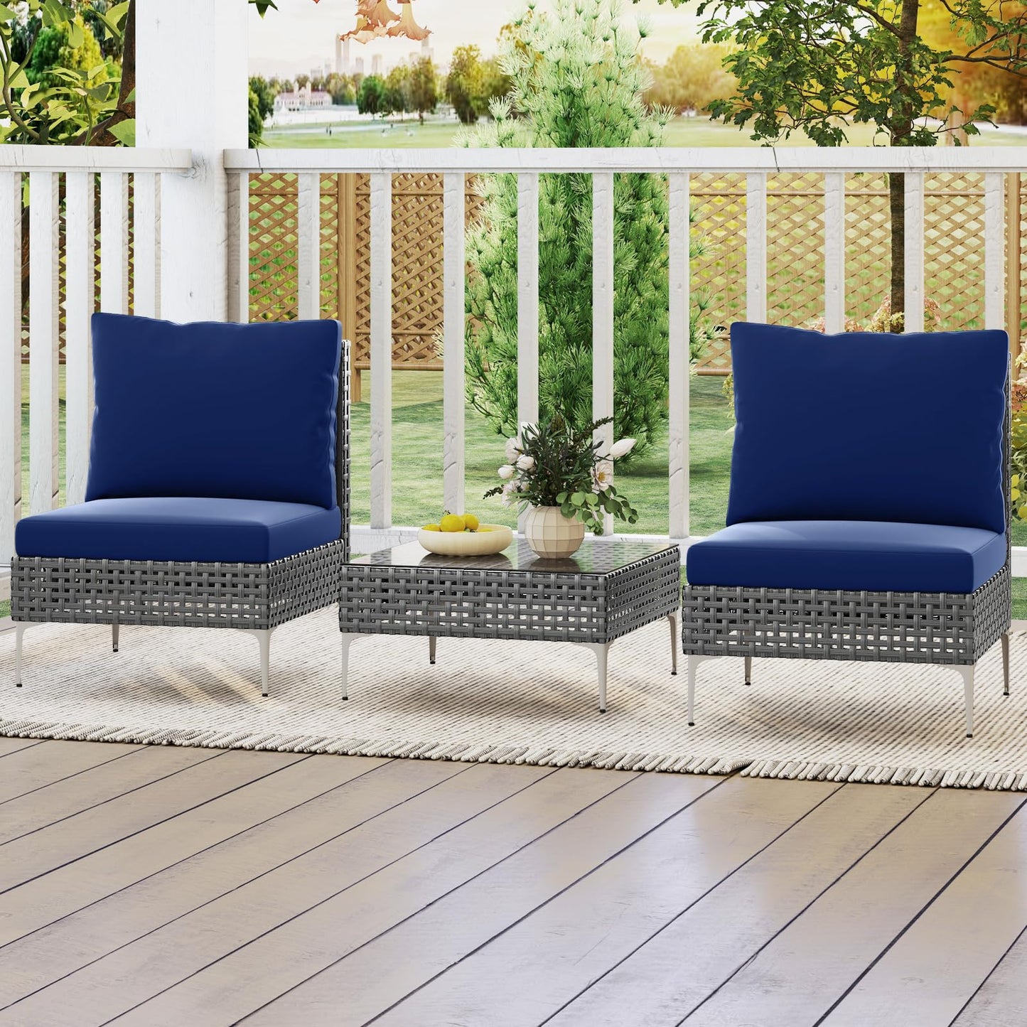 Tangkula 3 Pieces Patio Furniture Set PE Rattan Conversation Chairs with Tempered Glass Coffee Table