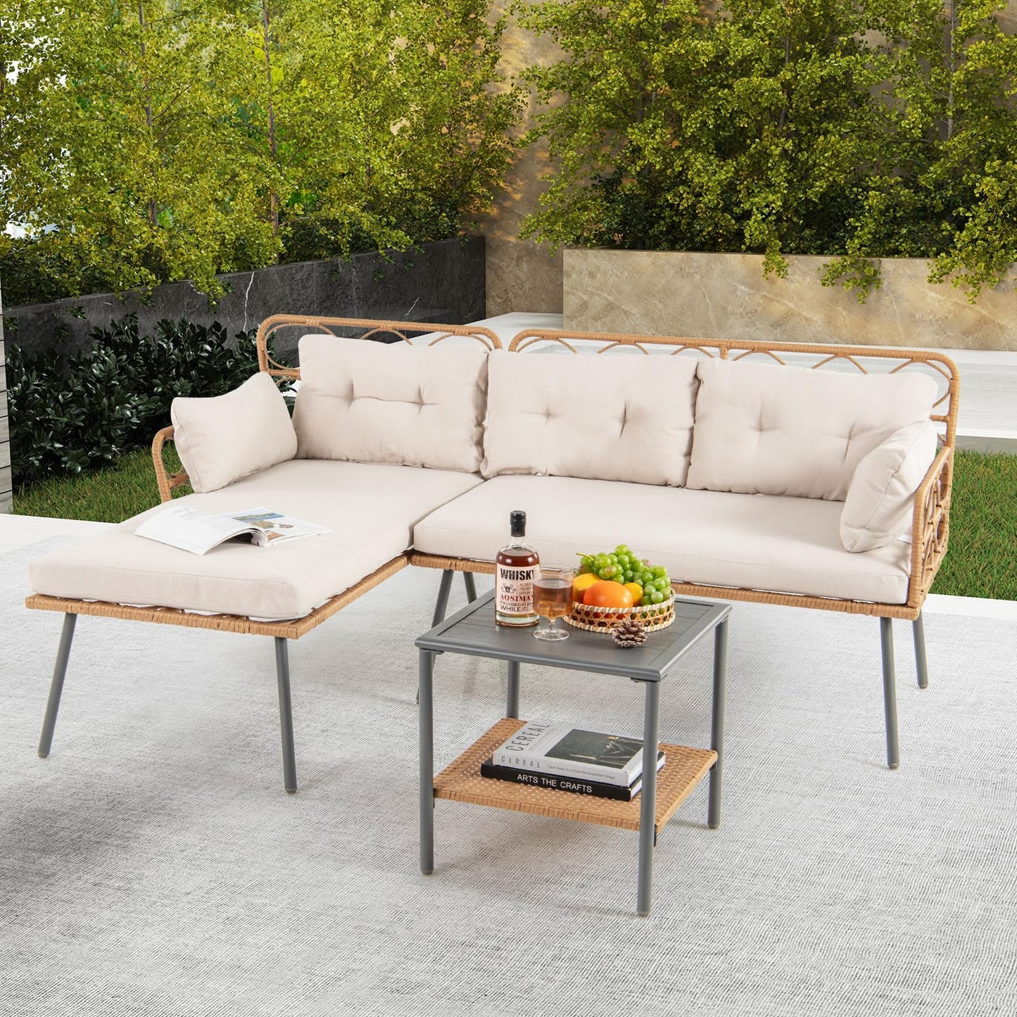 Tangkula 3 Pieces Corner Patio Furniture Set, PE Rattan L-Shaped Cushioned Sofa Set with Small Coffee Table