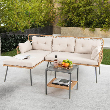 Ensemble de mobilier de patio d'angle 3 pièces Tangkula, ensemble de canapé coussiné en rotin PE en forme de L avec petite table basse