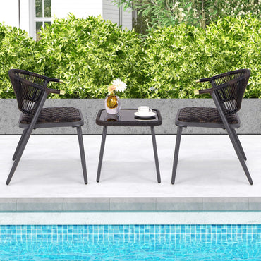 Tangkula Ensemble de 3 Meubles de Jardin en Rotin, Chaises Rembourrées en Mousse à Séchage Rapide Patiojoy avec Plateau en Verre Trempé