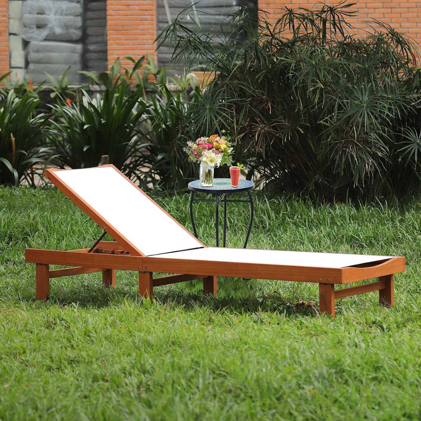Tangkula Outdoor Wood Chaise Lounge Chair with 5 Position Adjustable Back