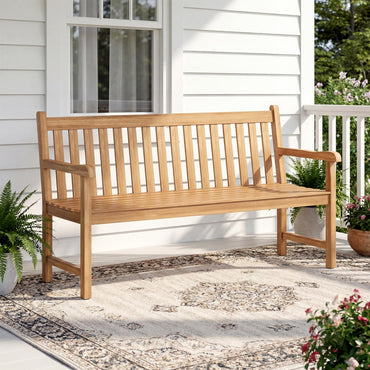 Tangkula Teak Wood Outdoor Bench with Armrests and Backrest