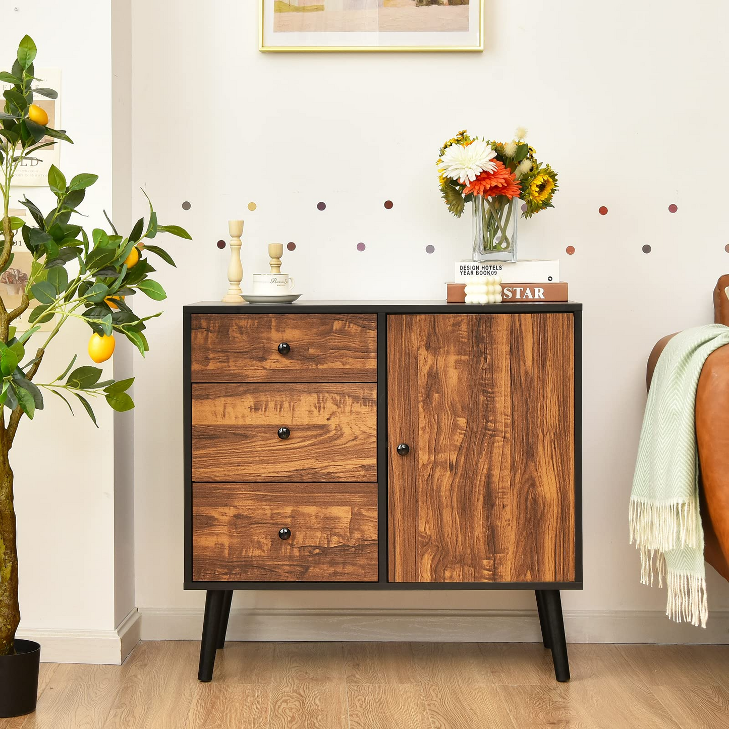 Tangkula Retro Storage Cabinet, Wood Floor Storage Cabinet with 3 Drawers and 1 Cabinet w/Adjustable Shelf, Accent Cabinet