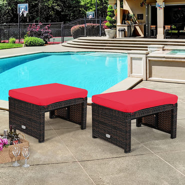 2 Pieces Patio Rattan Ottomans, All Weather Outdoor Footstool Footrest Seat