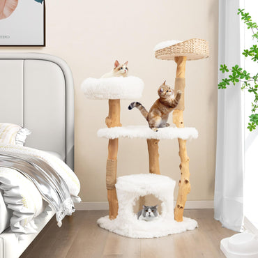 Tangkula Cat Tree Tower Solid Wood Modern Cat Tower with Top Cattail Basket Bed