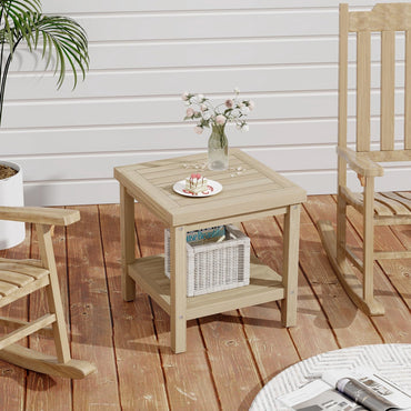 Tangkula Table d'appoint d'extérieur à 2 niveaux, Table d'extrémité en bois de teck avec étagère de rangement, Table de collation carrée pour patio