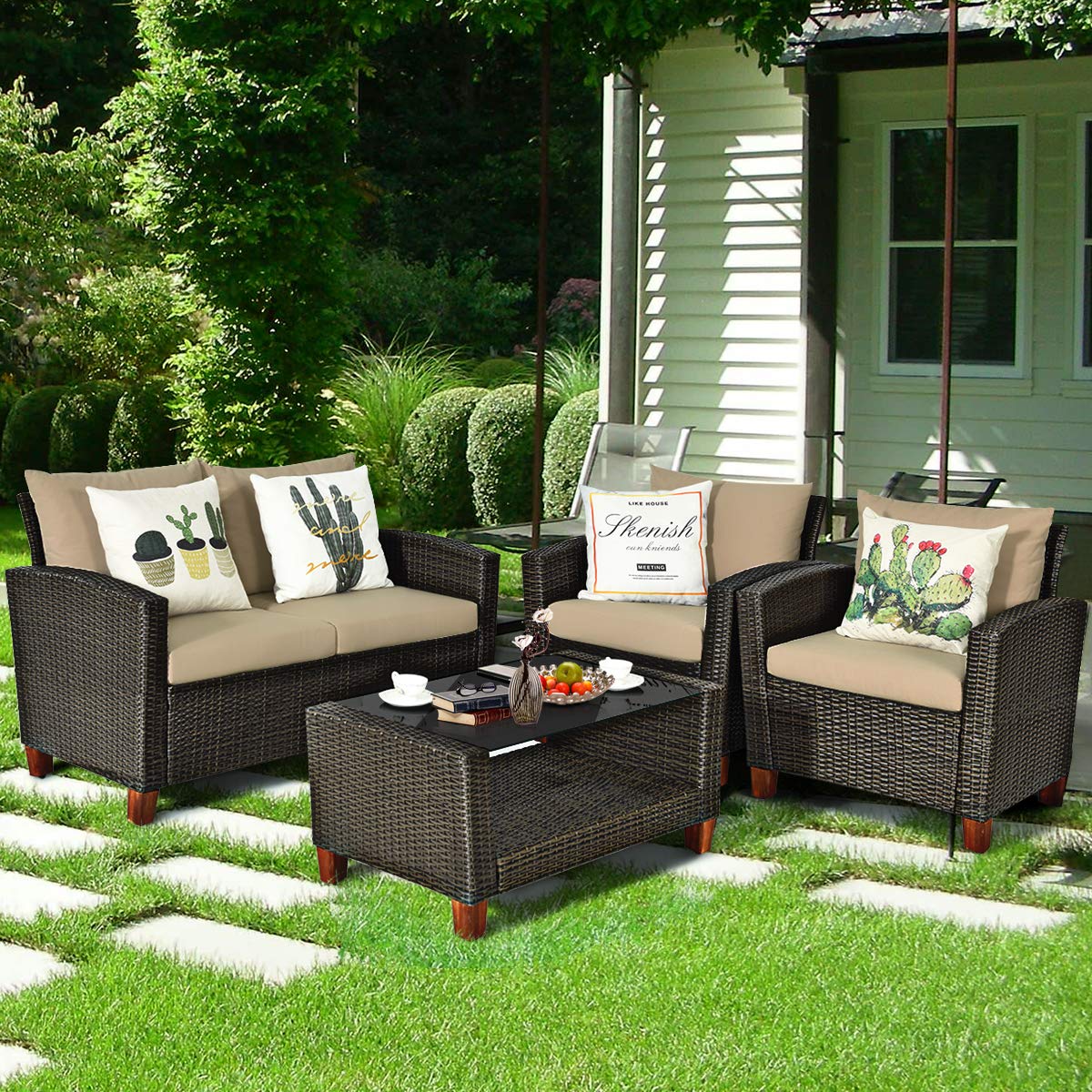Tangkula Patio Rattan Furniture Set with Tempered Glass Coffee Table for Porch