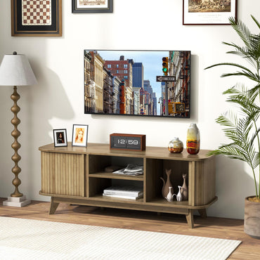Meuble TV Tangkula avec portes coulissantes pour téléviseurs jusqu'à 55 pouces, console TV de style moderne du milieu du siècle (chêne)