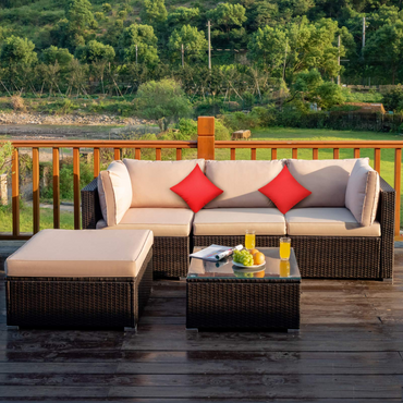 Tangkula Salon de jardin 5 pièces en rotin, ensemble de canapés modulables d'extérieur en rotin avec coussins de dossier et d'assise