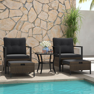 Tangkula 5 Piece Outdoor Furniture Set, Rattan Chairs & Ottomans w/Round Glass Topped Coffee Table