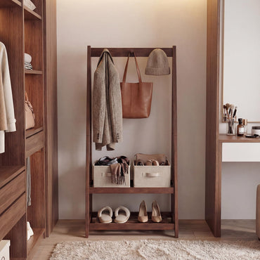 Tangkula Rubber Wood Garment Rack with 3 Hooks and 2 Shelves for Entryway Wardrobe