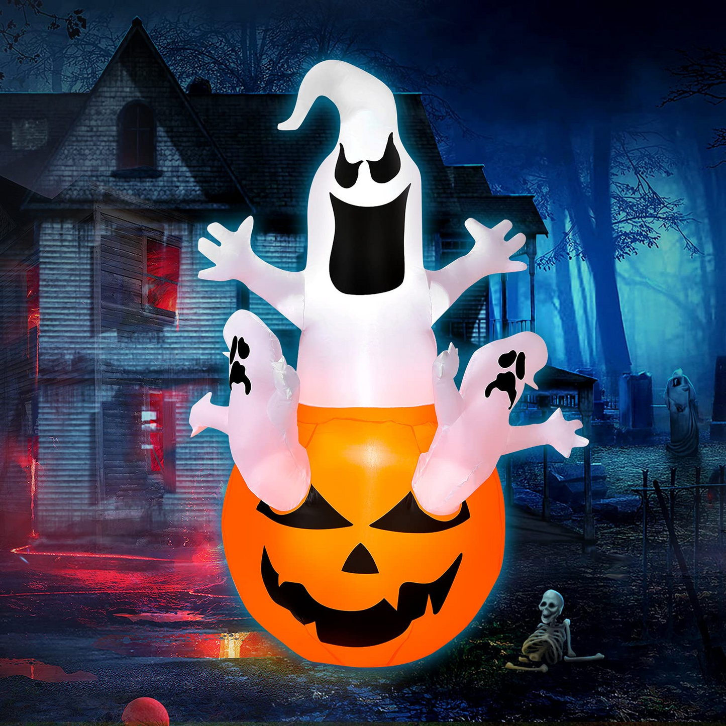 Tangkula 6ft Halloween Inflatables Ghost, Pumpkin-Halloween Blow Up Yard Decorations w/Build-in LED Light