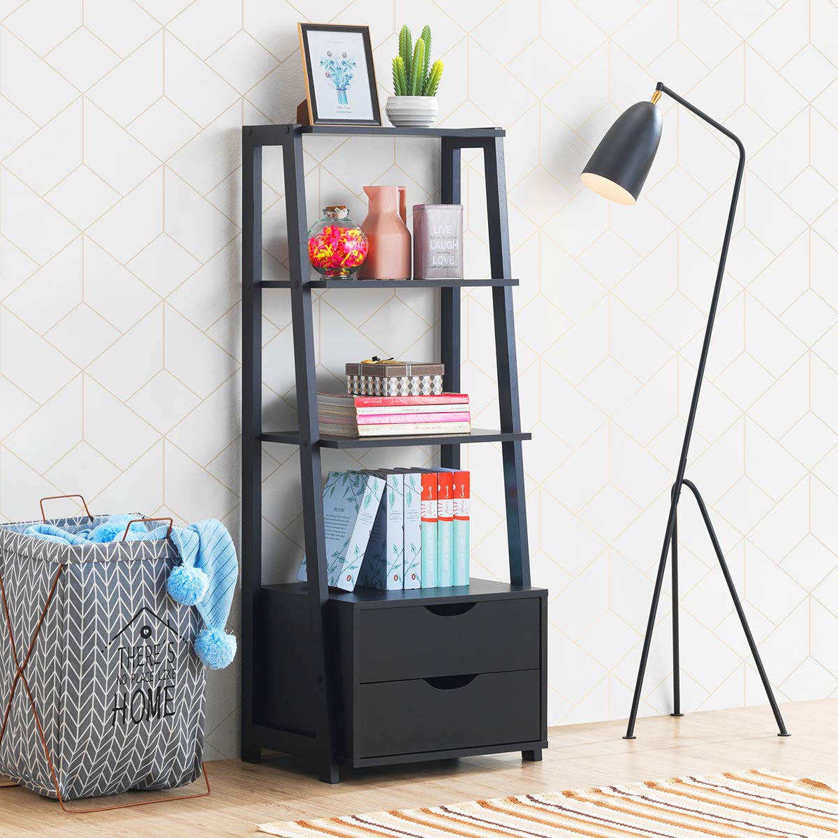 Tangkula Ladder Shelf Bookcase, Free Standing 4-Tier Bookshelf with 2 Storage Drawers