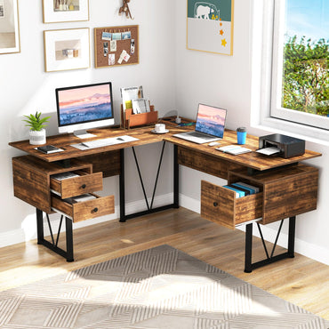 Tangkula 59" L-Shaped Office Desk with 3 Drawers & Charging Station