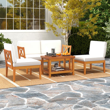 Ensemble de mobilier de jardin Tangkula 5/10 pièces en bois d'acacia, ensemble de conversation sectionnel extérieur avec coussins