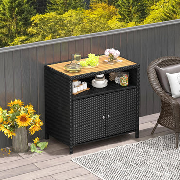 Tangkula Rattan Storage Cabinet, Outdoor Patiojoy Buffet Cabinet with Acacia Wood Countertop