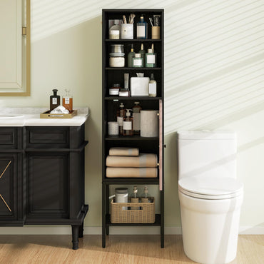 Tangkula Tall Bathroom Storage Cabinet with 1 Door and 4 Shelves, 57" H Narrow Floor Cabinet with Adjustable Shelves