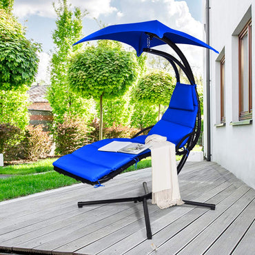 Chaise longue suspendue, balancelle flottante avec support en arc, baldaquin et oreiller intégré
