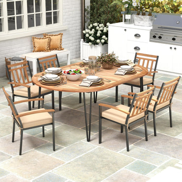 Table de salle à manger Tangkula 79 pouces pour patio, table à manger intérieure et extérieure avec trou pour parasol, plateau en bois d'acacia