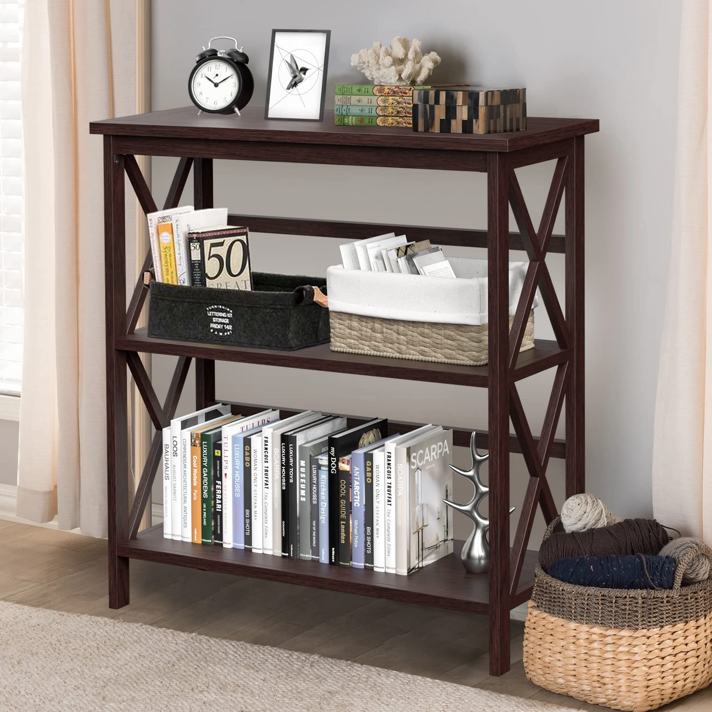 Tangkula 3-Tier Bookcase and Bookshelf, Wooden Open Shelf Bookcase, X-Design Etagere Bookshelf for Home Living Room Office