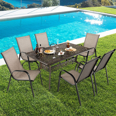 Tangkula Table à Manger d'Extérieur de 150 cm, Table en Aluminium Moulé Tout Temps avec Trou pour Parasol