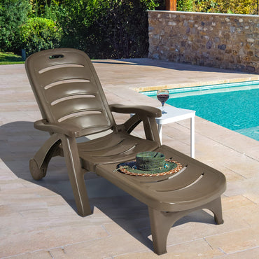 Chaise longue d'extérieur, fauteuil inclinable réglable à 5 positions avec roues intégrées