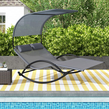 Tangkula Bain de soleil 2 places avec auvent réglable, chaise longue d'extérieur avec 2 oreillers détachables (gris)