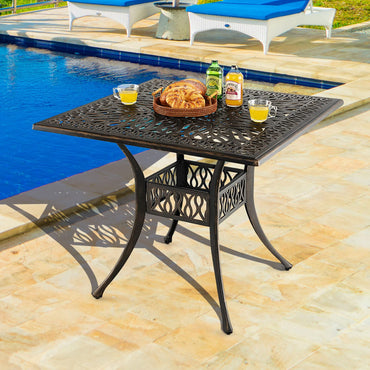 Table de salle à manger d'extérieur Tangkula de 90 cm, Table en aluminium moulé résistant aux intempéries avec trou pour parasol de 5,6 cm
