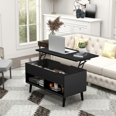 Table basse relevable Tangkula, table basse moderne avec compartiment caché et 2 étagères ouvertes