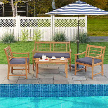 Tangkula Ensemble de mobilier de patio en bois 4 pièces, ensemble de conversation extérieur avec coussins moelleux