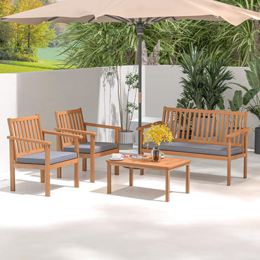 Ensemble de meubles de patio Tangkula 4 pièces en bois d'acacia, ensemble de canapés avec causeuse, 2 chaises et table basse