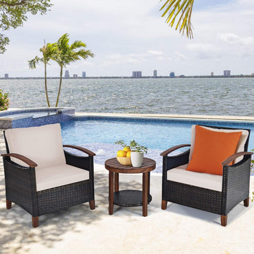 3 Pieces Patio Furniture Set, Outdoor Rattan Sofa and Side Table w/Solid Acacia Wood Frame