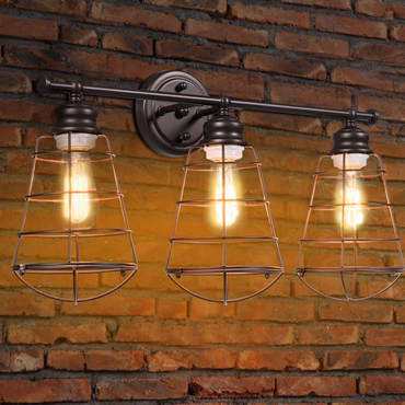 Tangkula 3-Light Vintage Vanity Lights, Industrial Metal Wire Cage Wall Sconces(Black & Golden)