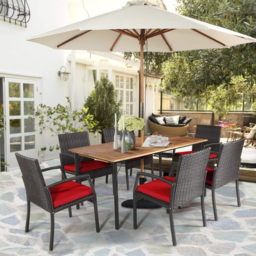 Tangkula Ensemble de salle à manger de patio 7 pièces, mobilier de salle à manger en bois d'acacia et osier avec cadre en acier robuste et trou pour parasol