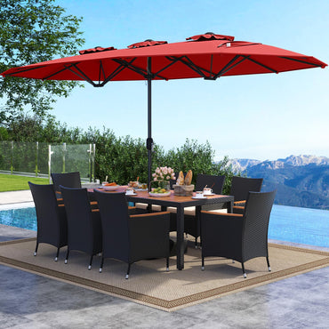 Tangkula 11 Piece Patio Wicker Dining Set w/Double-Sided Patio Umbrella