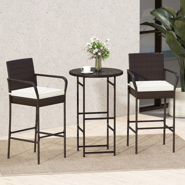 Tangkula Patio Rattan Heavy Duty Bar Height Glass Top Table & 2 Cushioned Barstools
