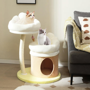 Tangkula Arbre à chat floral, 33 pouces Mignon tour pour chat avec poteau à griffer en sisal, perchoir supérieur rembourré lavable