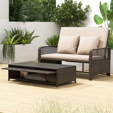 Tangkula Bain de Soleil Réglable en Rotin pour Patio, Canapé Deux Places et Pouf de Rangement avec Dossier à 4 Niveaux et Coussins Moelleux