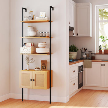 Tangkula Wall-Mounted Ladder Shelf Boho 5-Tier Bookshelf(1/2)