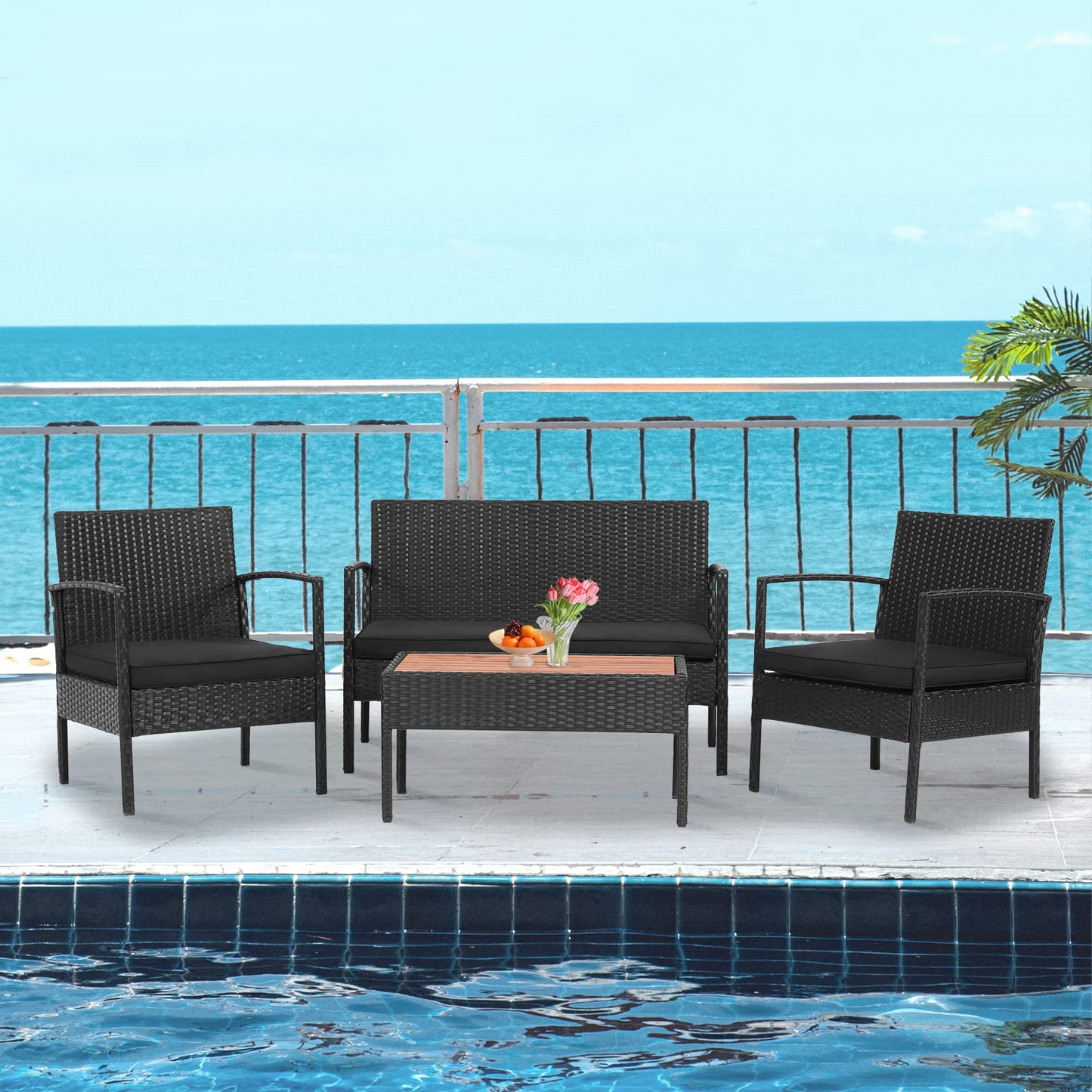 Tangkula 4 Piece Patio Rattan Conversation Set, Outdoor Wicker Sofa Furniture, Outside Sectional for Poolside, Deck, Garden